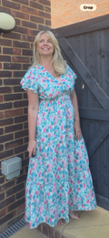 SKYE -  Aqua Watercolour Floral Shirred Waist Dress - Magic Dress Size 8 - 18